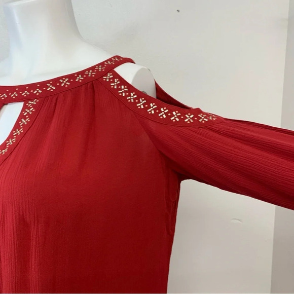 Knox Rose Gauzy Dress XXL  Red Beaded Cold Shoulder Below Knee Long Sleeve Hi Lo - Picture 3 of 10